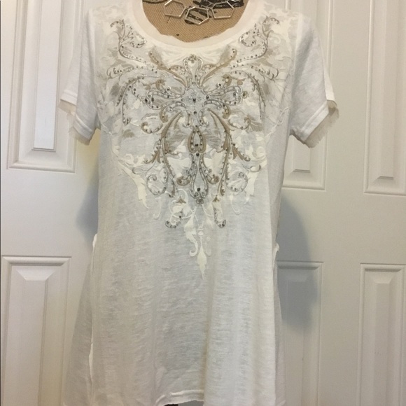 Miss Me Raw Hem Sheer Peplum Back Embellished Tee - Picture 1 of 6